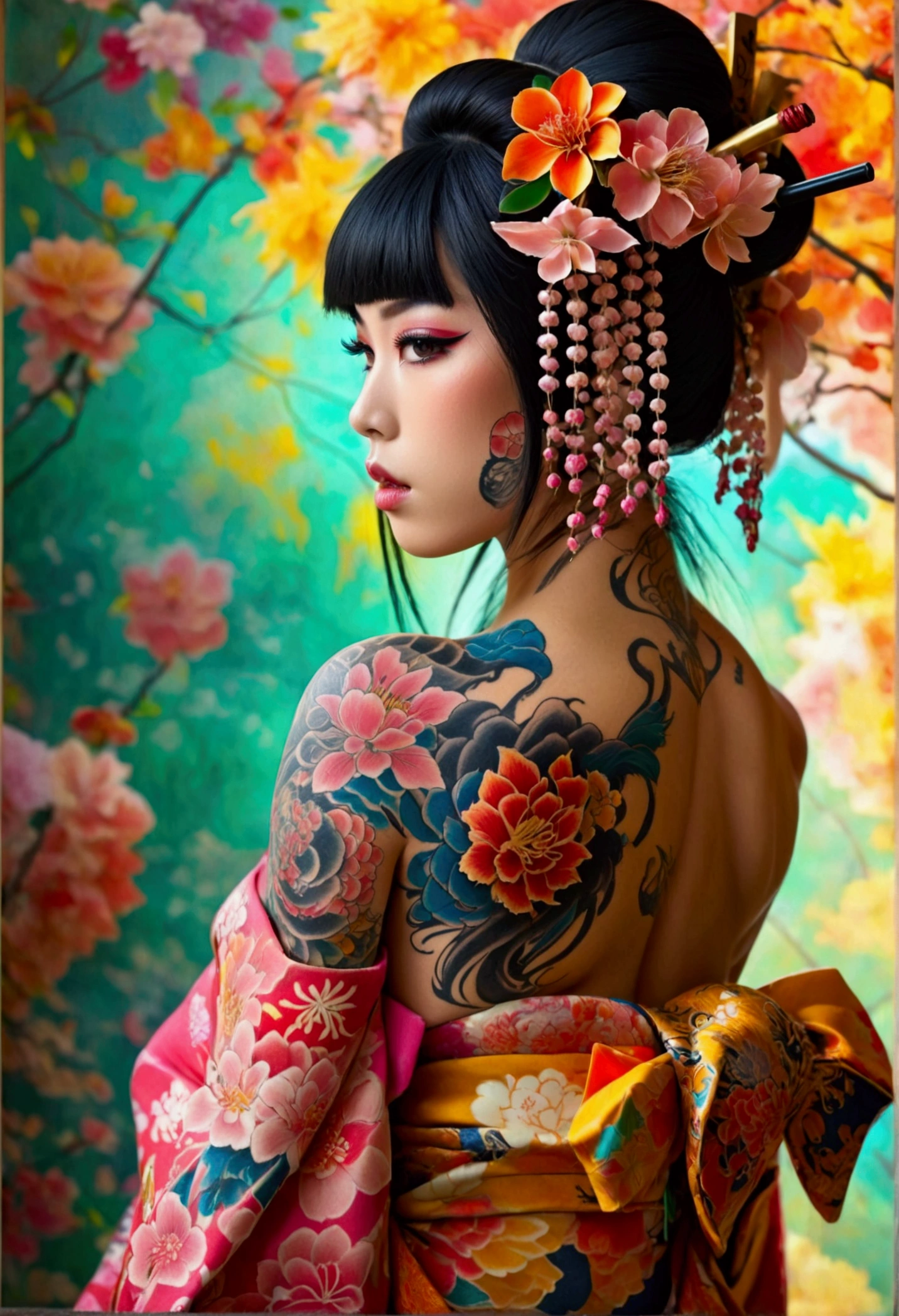 Create a hyper detailed photograph of a tattooed muscular young sexy Geisha, Stunningly perfect gorgeous japanese face, perfect makeup, detailed vibrant eyes, long hair, big beautiful muscular legs, big beautiful muscular arms, big back muscles, perfect hour glass body figure, muscular abs, detailed smooth skin, big breast, big round ass ass, nude,