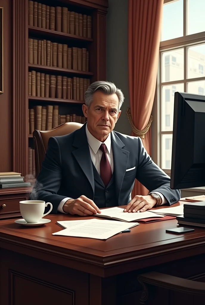 Help me make a lord, who is a lawyer, that he is in his office with his coffee, attending to his office and with more REALISTIC pending tasks