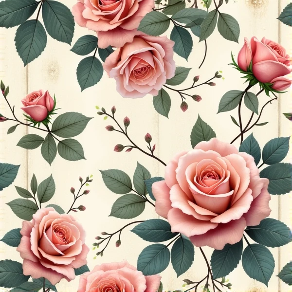 Create a seamless floral pattern with detailed botanical elements such as roses, leaves, and vines, using a vintage or watercolor style --tile-s750