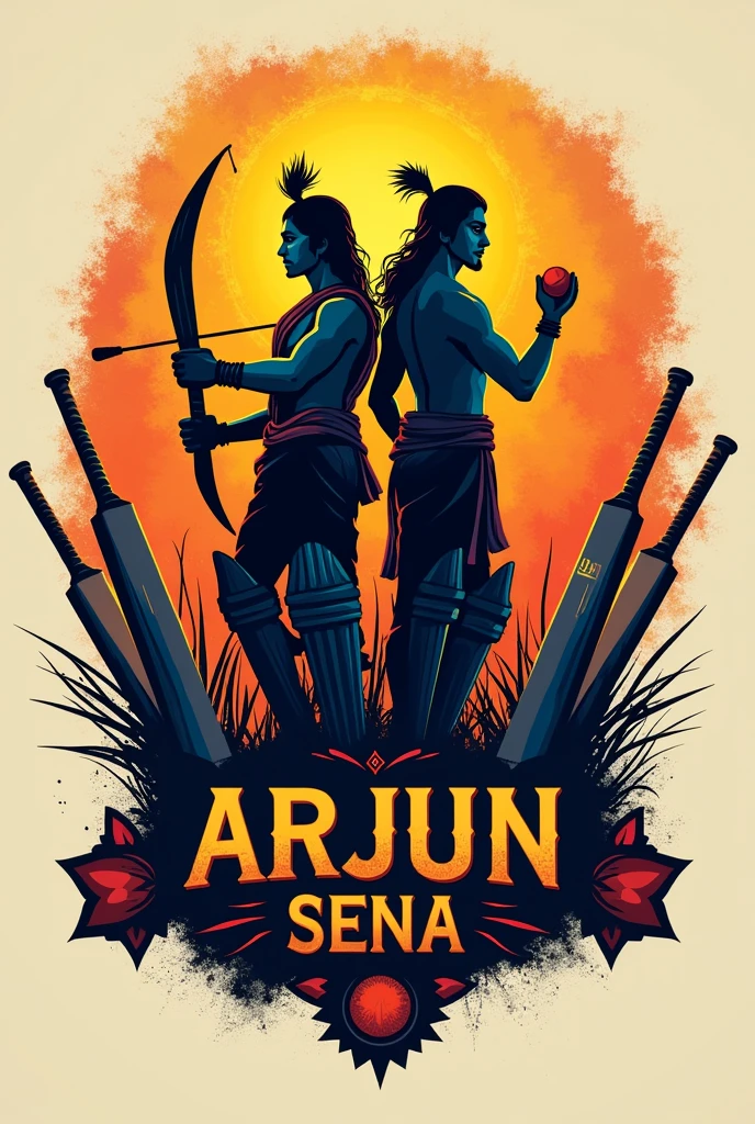Creates logo for team name Arjun Sena with cricket equipments and include background shadow lord krishna and arjun