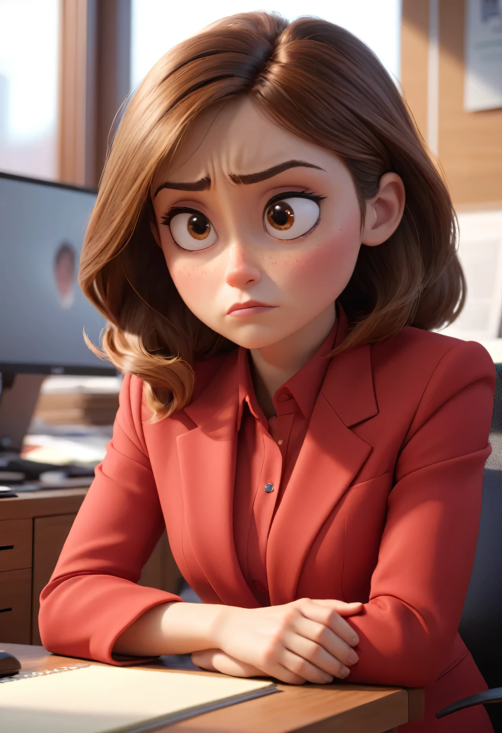 the little muscular and mature girl sitting in her office, she is sad, wearing a red suite. Close up. High quality Pixar hyper realistic image. 4k