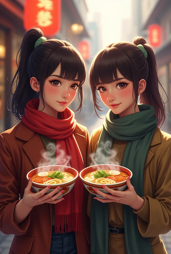 women wearing scarf and hold ramen