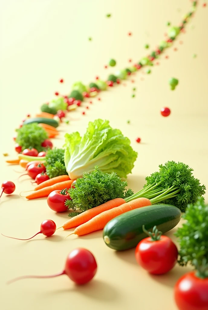 I want a lettuce sequence, carrot ,radishes,cilantro, parsley, tomato, Cucumber floating and moving from left to right, with a sign that says : 0% chemicals, + health in spanish