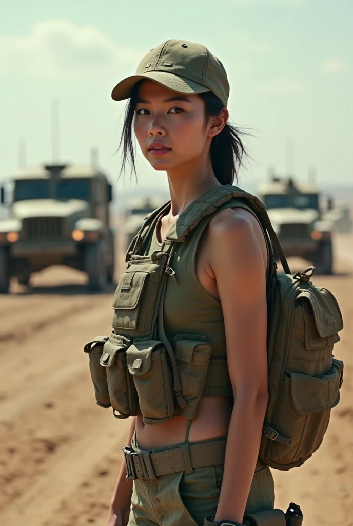 8K,realistic photo、realistic skin texture、A beautiful Japanese woman belonging to the American military is in the wasteland.、bulletproof vest、Backpack、wearing a baseball cap、A large transport helicopter is waiting with its rear loading hatch open.、moving action pose、waving、Dramatic and bold composition、Several military vehicles are running、Zoom out