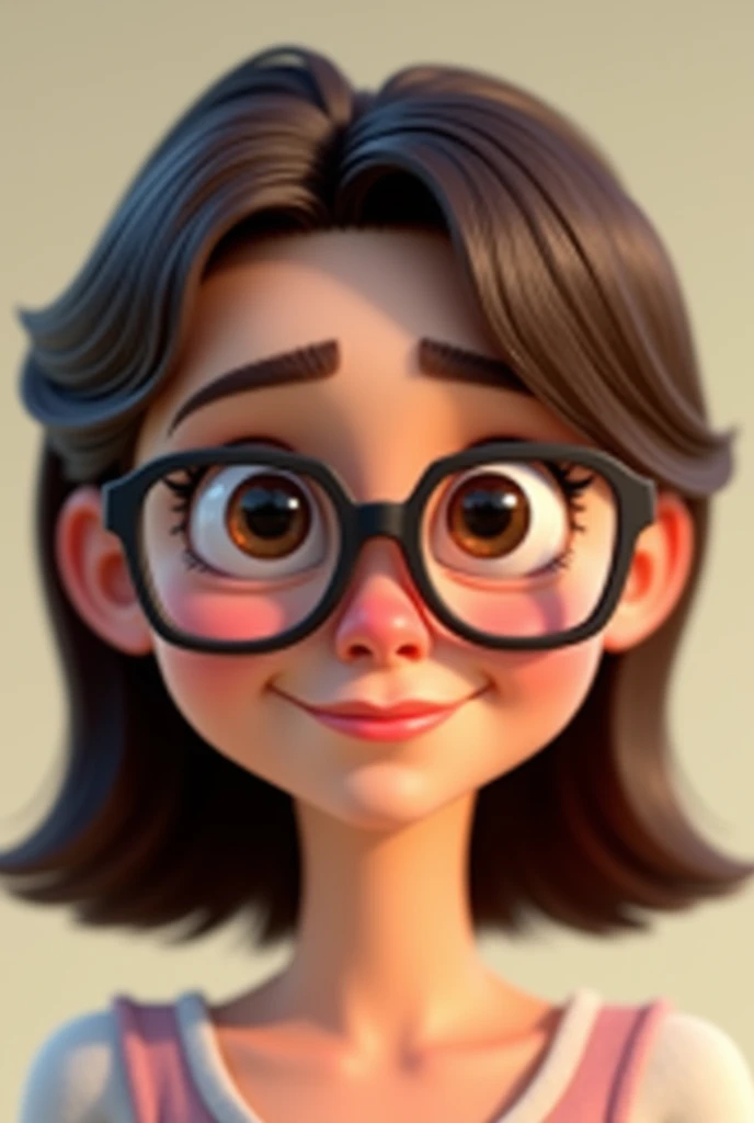 Pixar style image with small brown eyes of 3D character, Caucasian female ,square glasses with rounded sides, straight chocolate colored hair below the shoulders,  , stuck behind half , Disney makeup