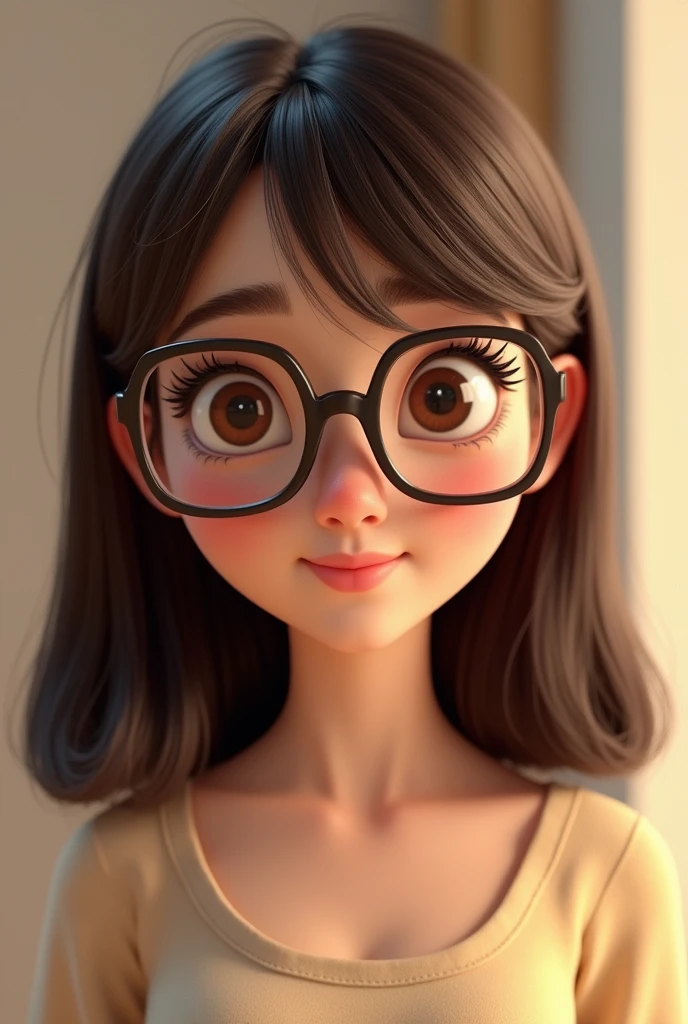 Pixar style image with small brown eyes of 3D character, Caucasian female ,square glasses with rounded sides, straight chocolate colored hair below the shoulders, , stuck behind half , Disney makeup