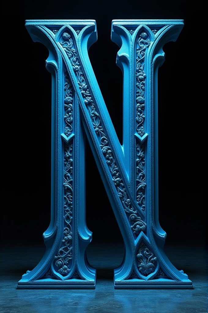 Giant Gothic Letter N, 3D, sky blue, with completely black background.