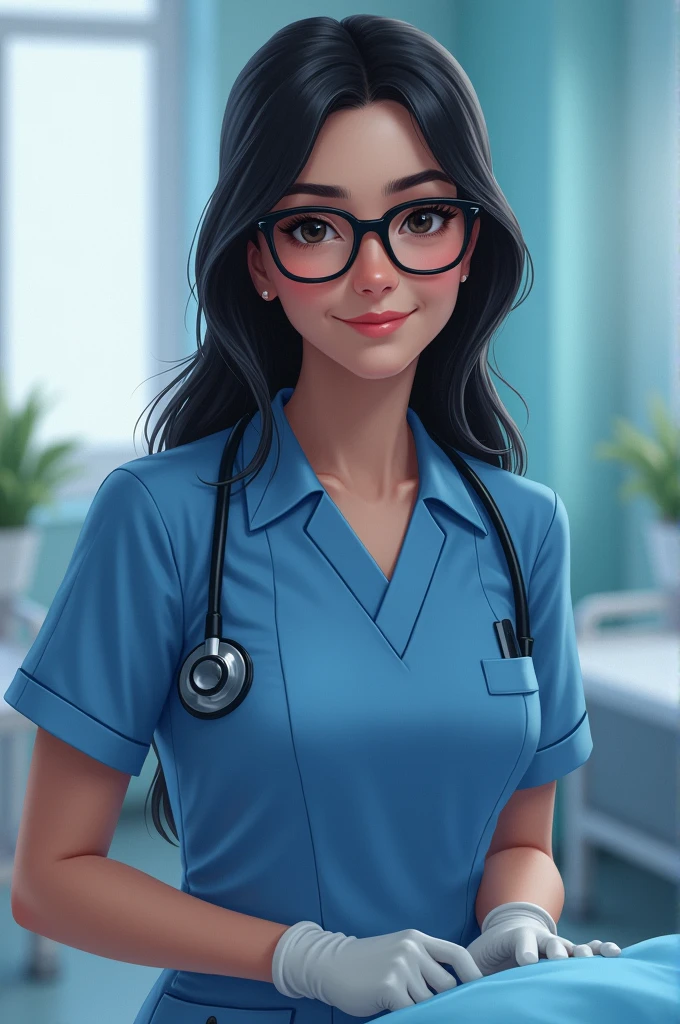 Nurse with black glasses brunette with long black straight hair in blue uniform 
