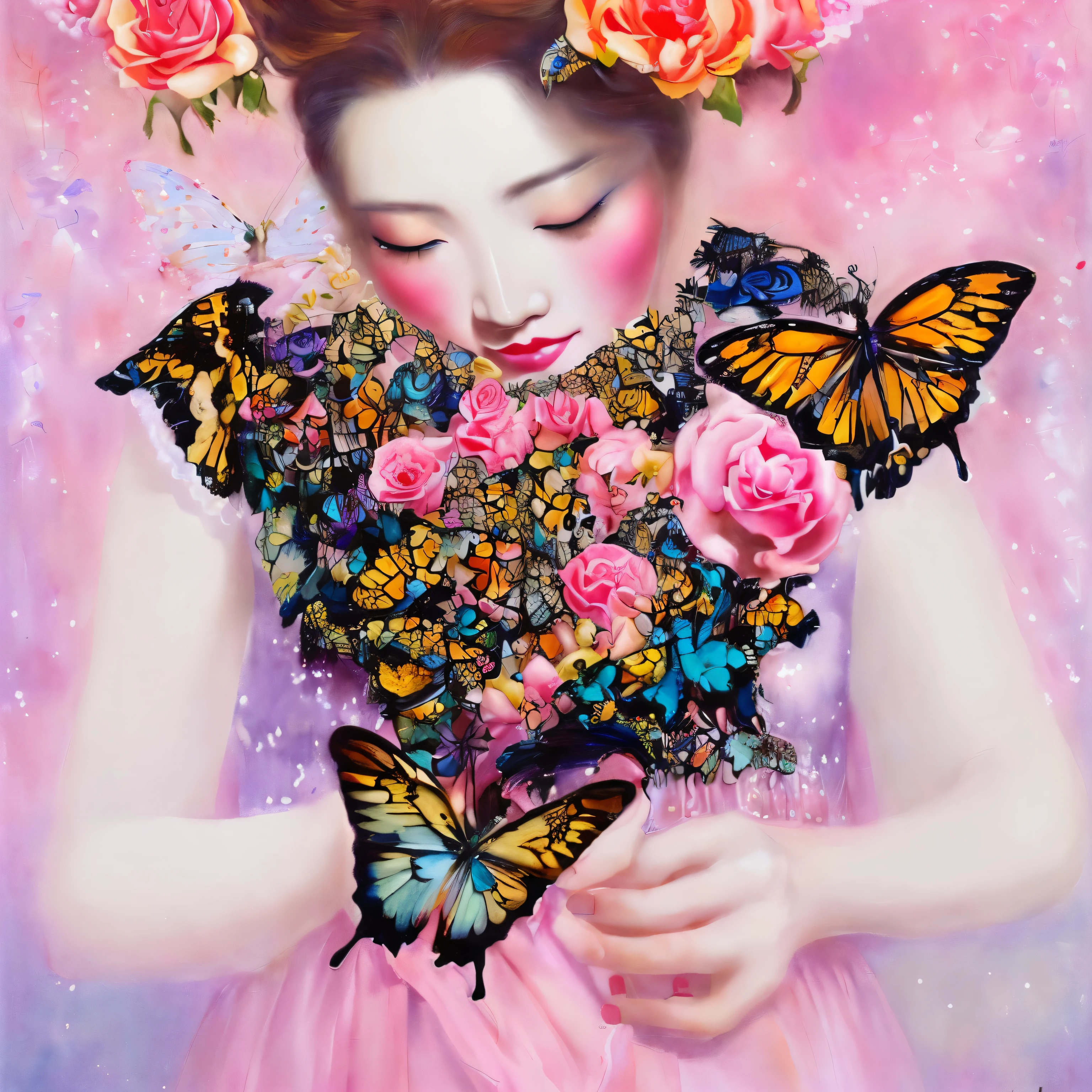 painting of a girl with a butterfly and roses in her hair, by Ma Lin, daniel merriam :.1, by Chen Lin, by Daniel Merriam, by Kinuko Y. Craft, inspired by Daniel Merriam, by Anna Dittmann, in style of anna dittmann, by Ayami Kojima, by Ni Duan, by Tran Nguyen