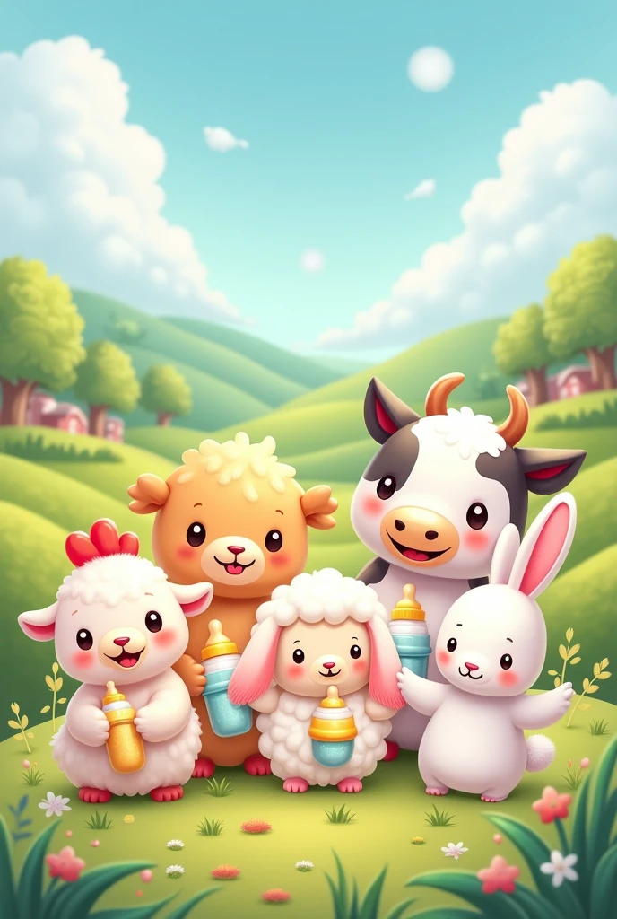 Image kawaii d'une poule , moutons , vache , lapin avec chacun un biberons