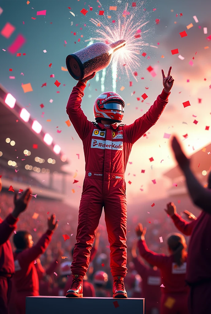 A Formula 1 driver stands victorious on the podium, drenched in champagne, with a trophy held high above their head. The scene is electric as colorful confetti rains down, and fireworks explode in the sky above. The driver’s face beams with pure elation, surrounded by their jubilant team, who are clapping and cheering. The air is filled with the sound of celebration, the roar of the crowd, and the sparkle of lights reflecting off the champagne and the trophy, capturing the ultimate moment of triumph and joy.