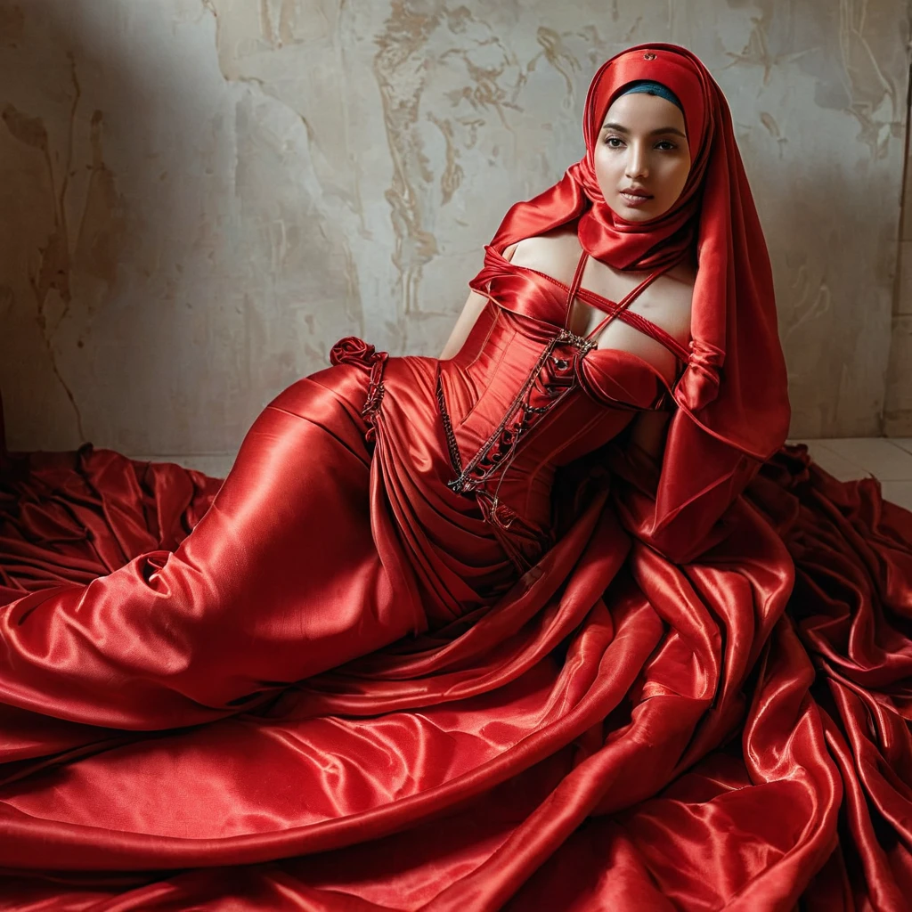 A slave woman shrouded in a 7-meter-long, plush red satin cloth, tightly bound and grandly draping along the form of her body, flowing off into a pooled floor-length train, styled in a mermaid-inspired outfit, her head modestly veiled in a satin hijab, wear corset, a full-body pose conveying a sense of mysterious elegance, captured in a 4k resolution, ultra-realistic