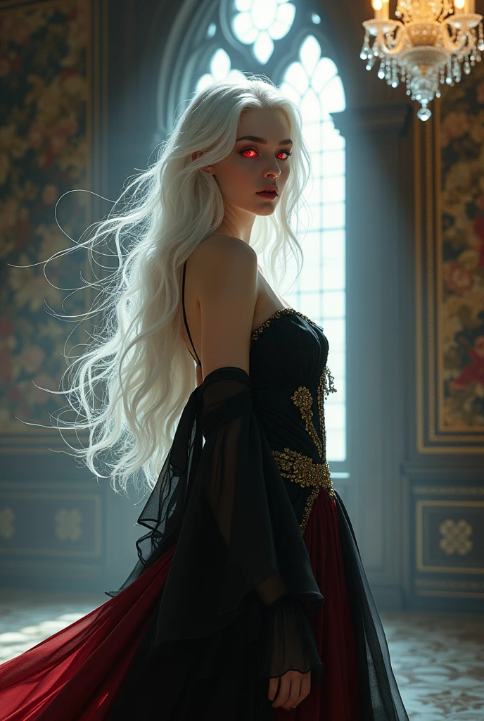 She is a beautiful young woman of 20 years old, with silky white hair that cascades over her shoulders. His eyes are a deep red, glowing with a faint supernatural glow, emanating an aura of mystery and power. Your beauty is undeniable, with delicate features that highlight its unique and mesmerizing appearance.clothing style:She wears a luxurious dress, made of fine fabrics that fall in soft folds around your body. The dress is predominantly black, with dark red accents that contrast elegantly with her pale skin. Golden embellishments adorn the dress, adding a touch of sophistication and refinement to your look.fund:She is inside an ancient palace, whose walls are decorated with intricate tapestries that tell stories of centuries past. Large windows allow moonlight to gently enter, creating a play of shadows that enhances your figure. Ao fundo, a crystal chandelier casts brilliant reflections, delicately illuminating the environment and highlighting its imposing presence.
