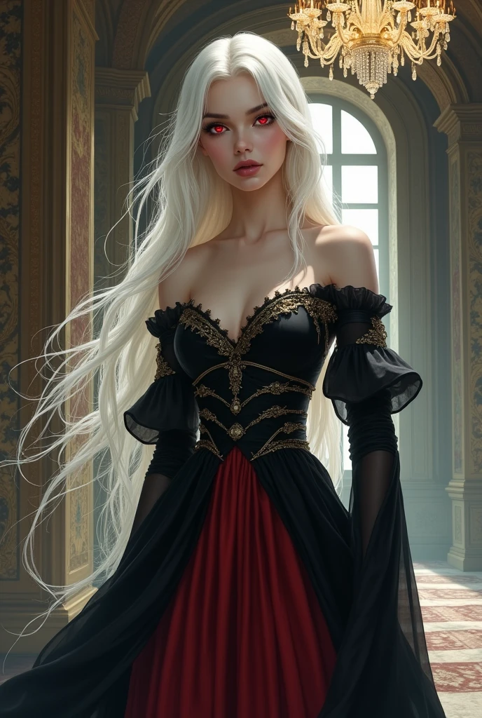 She is a beautiful young woman of 20 years old, with silky white hair that cascades over her shoulders. His eyes are a deep red, glowing with a faint supernatural glow, emanating an aura of mystery and power. Your beauty is undeniable, with delicate features that highlight its unique and mesmerizing appearance.clothing style:She wears a luxurious dress, made of fine fabrics that fall in soft folds around your body. The dress is predominantly black, with dark red accents that contrast elegantly with her pale skin. Golden embellishments adorn the dress, adding a touch of sophistication and refinement to your look.fund:She is inside an ancient palace, whose walls are decorated with intricate tapestries that tell stories of centuries past. Large windows allow moonlight to gently enter, creating a play of shadows that enhances your figure. Ao fundo, a crystal chandelier casts brilliant reflections, delicately illuminating the environment and highlighting its imposing presence.