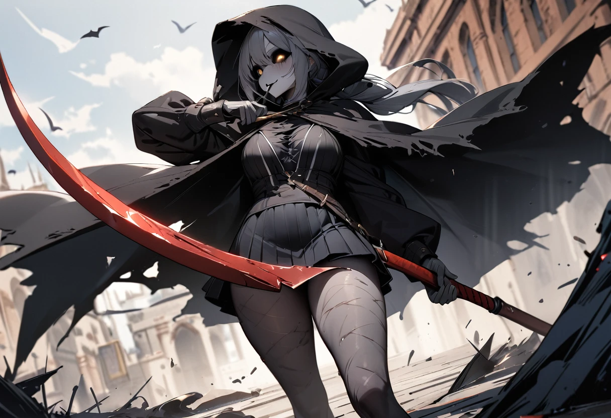 uhd, textured skin, high quality, high details, masterpiece, best quality, 1girl, grim Reaper, Twin tails, Black tattered cloak, Wearing a hood, mini skirt, (Big sickle, Perfectly shaped), There&#39;s a flame in his left eye, Blue effect on left eye, ((Sitting on top of a building)), Moonlit Night, Familiar, Beautiful digital artwork