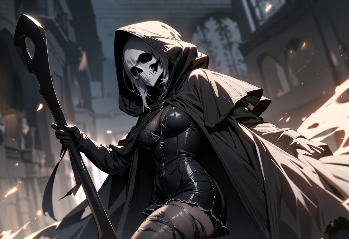 uhd, textured skin, high quality, high details, masterpiece, best quality, 1girl, grim Reaper, Twin tails, Black tattered cloak, Wearing a hood, mini skirt, (Big sickle, Perfectly shaped), There&#39;s a flame in his left eye, Blue effect on left eye, ((Sitting on top of a building)), Moonlit Night, Familiar, Beautiful digital artwork