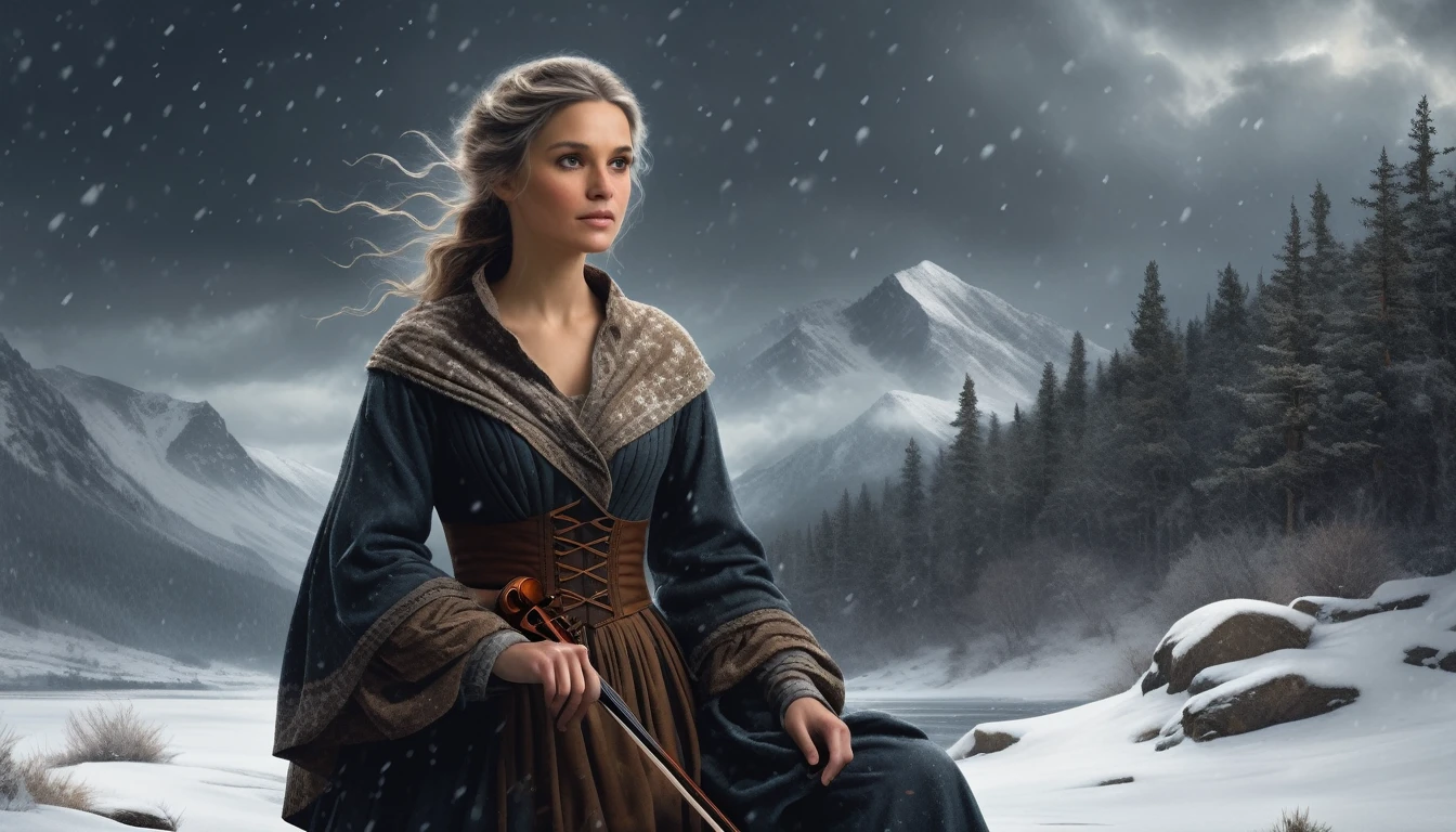 Create a dramatic snowy landscape under a dark, stormy sky. The scene should feature a swirling snowstorm, with large snowflakes creating a mystical atmosphere. In the foreground, depict a young woman with a blend of sweetness and menace in her expression. She is dressed in a traditional, slightly tattered gypsy dress that flutters in the wind. To the side, include an older man in worn clothing, looking reflective and melancholic, as if lost in thought about the past. The snowflakes should have a slight glimmer to add a magical touch. Integrate faint, ghostly images of a violin or musical notes in the snowstorm to hint at the 'gypsy violin' theme. Use contrast between dark, muted colors for the background and the older man, and brighter colors for the young woman to emphasize the emotional tension.