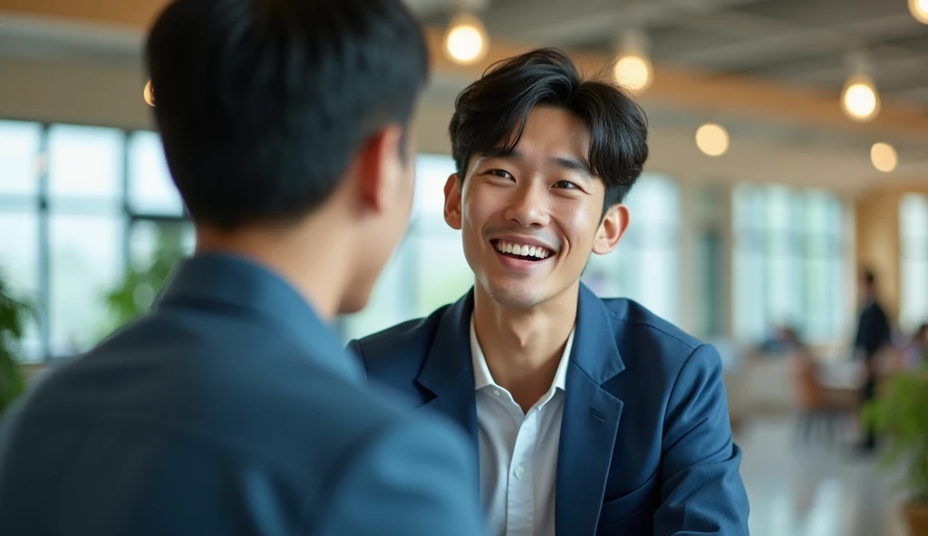 A male Japanese college student wearing a blue jacket is smiling and talking to an interviewer,Excited, Photo of your face, In a beautiful company, with a natural look, With a slightly tired look, tilt your face a little, Diagonal orientation, Average face