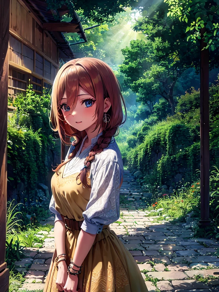 Create a anime style landscape image. Digital illustration featuring a young woman standing in a lush, sunlit forest. The style is highly detailed and vibrant, with a focus on natural lighting and intricate patterns. The woman has light skin, long brown hair styled in a loose braid, and expressive eyes. She is wearing a traditional, embroidered dress with red and blue geometric patterns, accessorized with matching earrings and bracelets. The sunlight filters through the trees, casting a warm glow on her and highlighting the surrounding greenery. The overall composition creates a serene and mystical atmosphere.