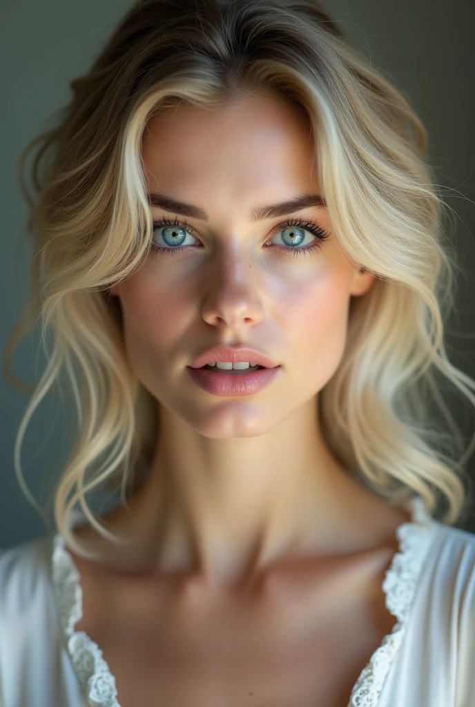 Blonde woman with blue eyes