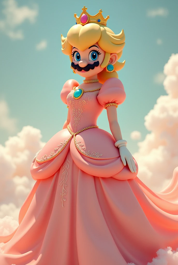 Créer moi une images de super mario qui porte une robe de princesse peach mait couper lui sa moustache