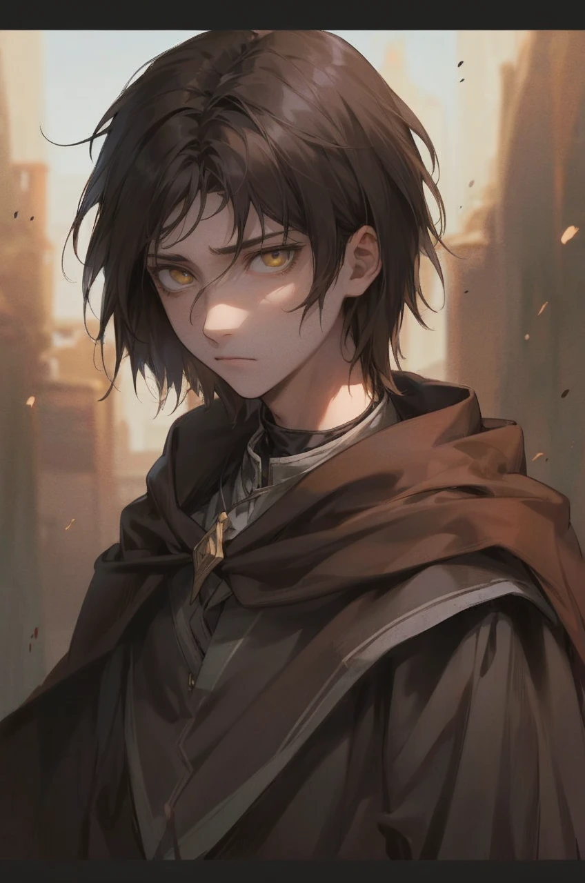 1boy, Young man, medium hair, brown hair, looking at the viewer, medieval tunic, mage, depressed, yellow eyes, bags under the eyes, hollow eyes