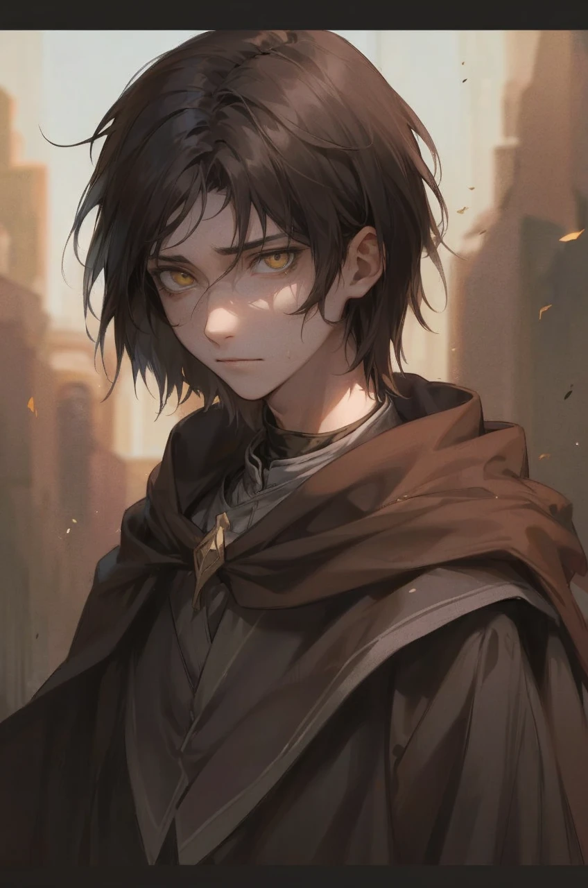 1boy, Young man, medium hair, brown hair, looking at the viewer, medieval tunic, mage, depressed, yellow eyes, bags under the eyes, hollow eyes
