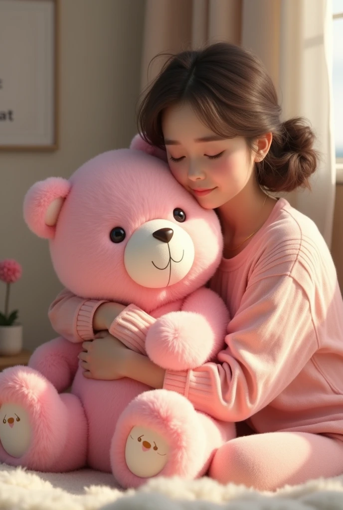 A woman hugging a pink bear with black eyes