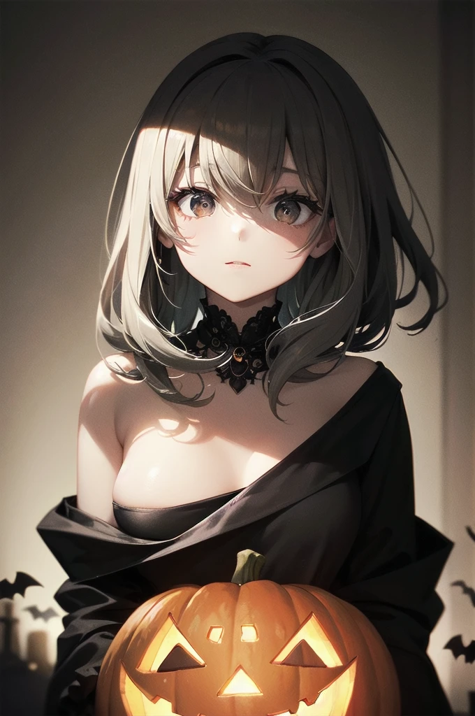In a pitch-black city、A jack-o'-lantern dimly lit by an oil lamp. A jack-o'-lantern floating in the dark night city、Makes you feel scared.Artist uses blotting ink、Blurred image borders, Combination with delicate brushwork、Expressing the details of a picture. It's incredibly beautiful. Beautifully expresses the shades of black ink.