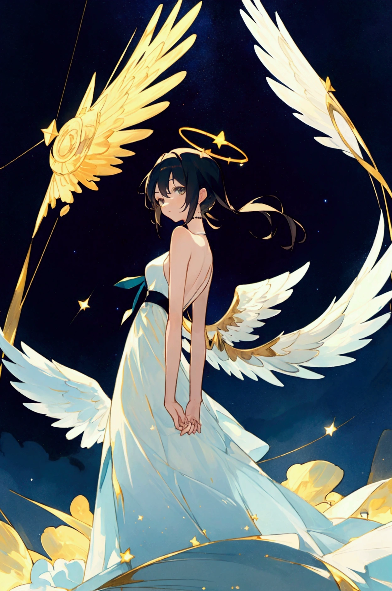 masterpiece, Best Quality, Hatsune Miku, White dress, two angel, one angel with black hair and the other angel with blonde hair. angel wings, golden halo, dark background, whole body, (Closed mouth:1.2), looking at the viewer, arms behind the back, Blue theme, stars, starry Night
