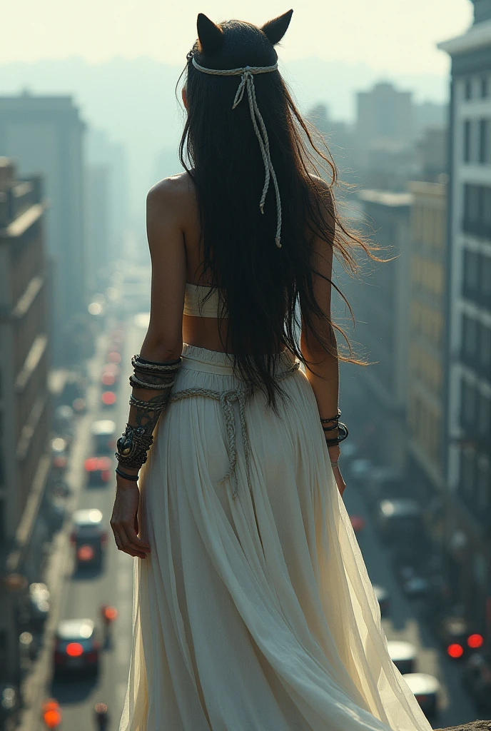 Black wolf woman in knee-length white native dress,  tied hair, horse hair, rebellious layered hair, she is on top of the building, looking at the movement .