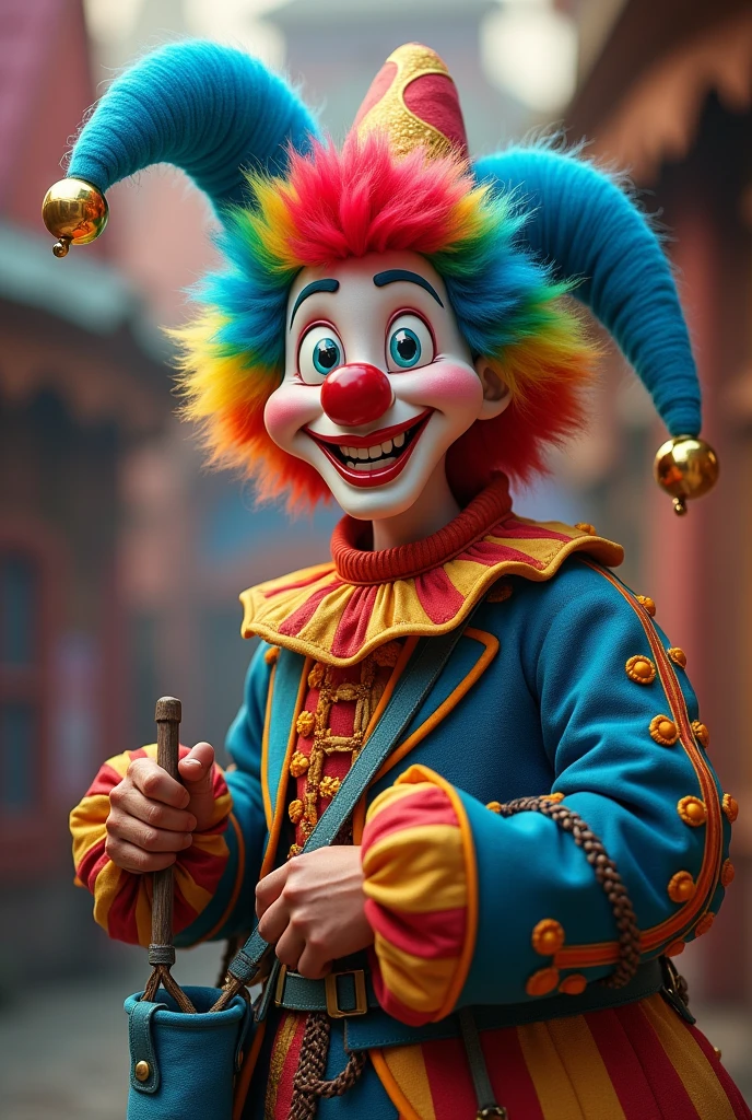 clown with a blue umbrella and a rainbow hair and a blue bag, male jester, court jester, jester, medieval jester, jester themed, (tom cruise!!!!!) jester costume, bozo the clown. circus motif, inspired by Bernd Fasching, man in a jester costume, colorful! character design, bozo the clown. clown motif