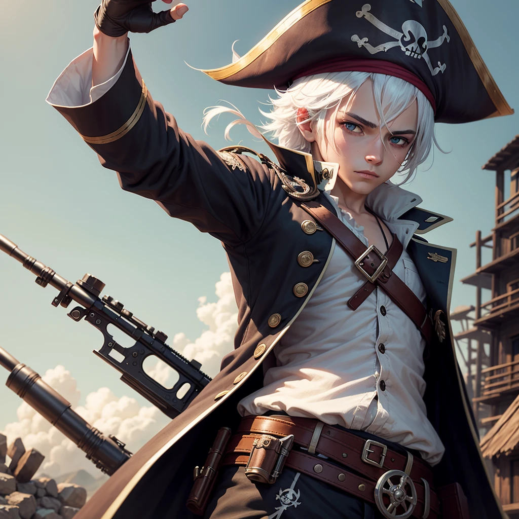 Pirate boy shooting with rifle, white hair