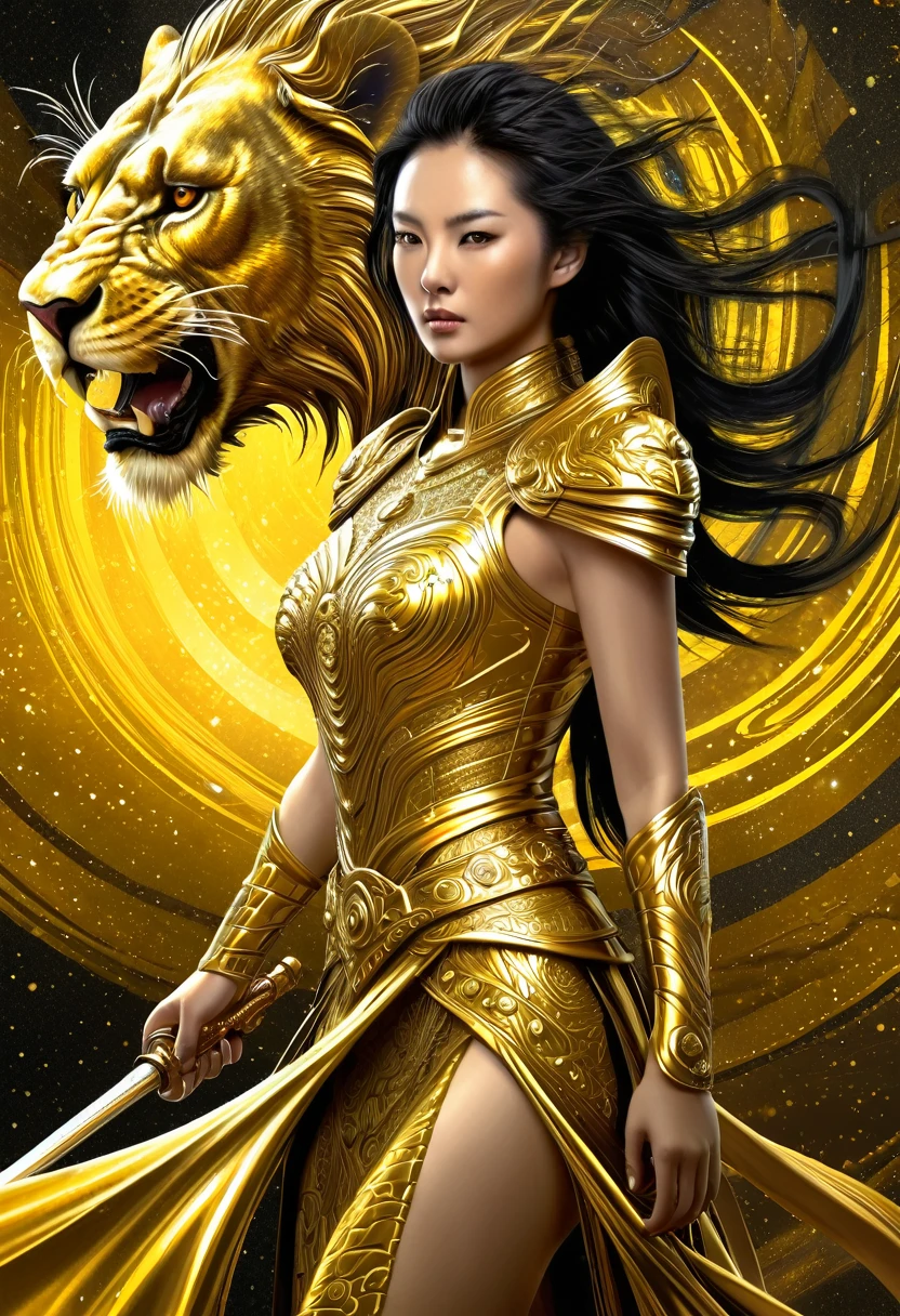 Stunning Asian female warrior in a detailed golden dress, Gothic-Style, Airbrush, Digital Painting, Very realistic wet drawing effect, Science Fiction-Style, Fractal glowing
Roaring lion+-Spirale digital Abstract art