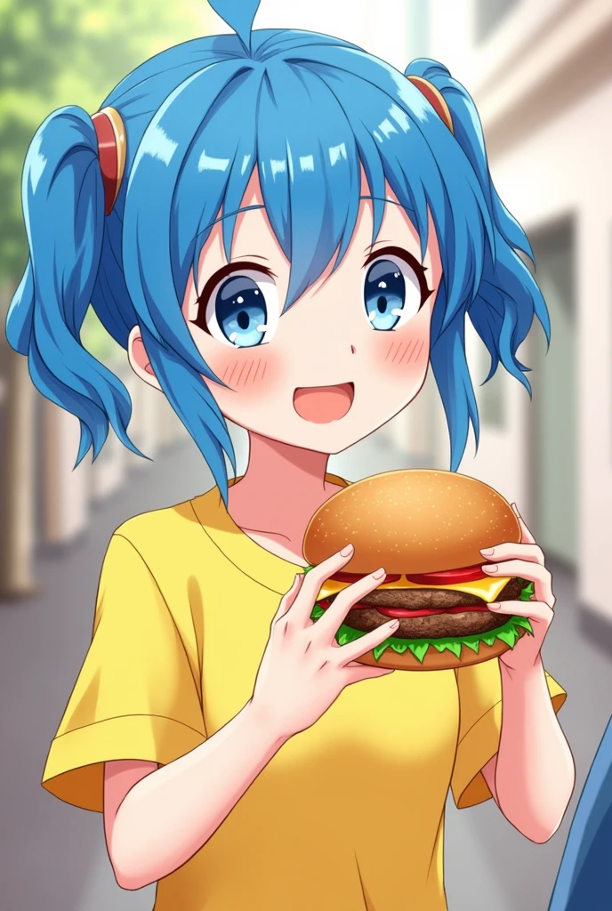 A cartoon characters girl blue hairs yellow shirts and yellow eating burger in their hands and enjoy back to back standing position