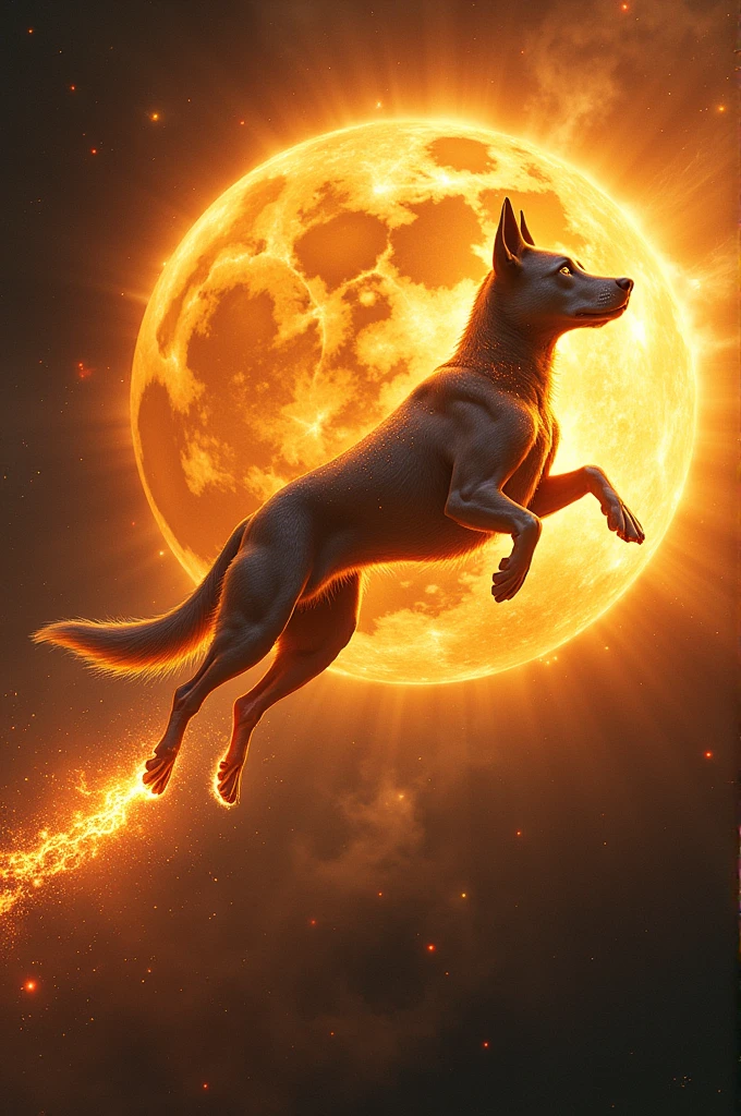 Create a galactic dog flying through the sun by shooting rays from its tail