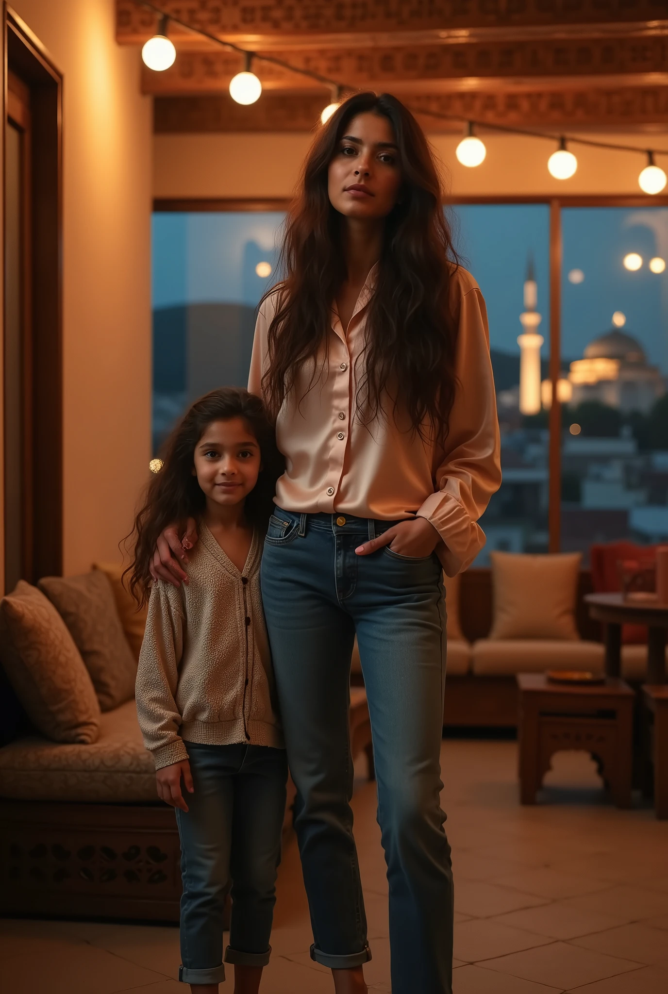 (une maman avec sa ), marocaine, toutes les deux , la maman avec cheveux longs, résistance ( la maman porte un jean ,Chemise en Satin De Soie pied nu ), portrait (plan moyen), portrait, gros plan, point de vue , fond (nuit , Au dessus du toit et près du mur du toit , mosquée marocaine , maisons lointaines, fenêtres éclairées, plafond, Veilleuse), (image réaliste, haute qualité, meilleure qualité : 1,55),