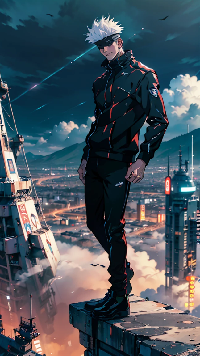 1boy, full body shot, perfect hand and fingers, satoru gojo, blindfold, black outfit, white hair, look at sky, smirk, red and blue moon city night background, wallpaper, cinematic,High resolution 8K, Bright light illumination, lens flare, sharpness, masterpiece, top-quality, The ultra -The high-definition, high resolution, extremely details CG, Anime style, Film Portrait Photography,masterpiece,hyperdetail