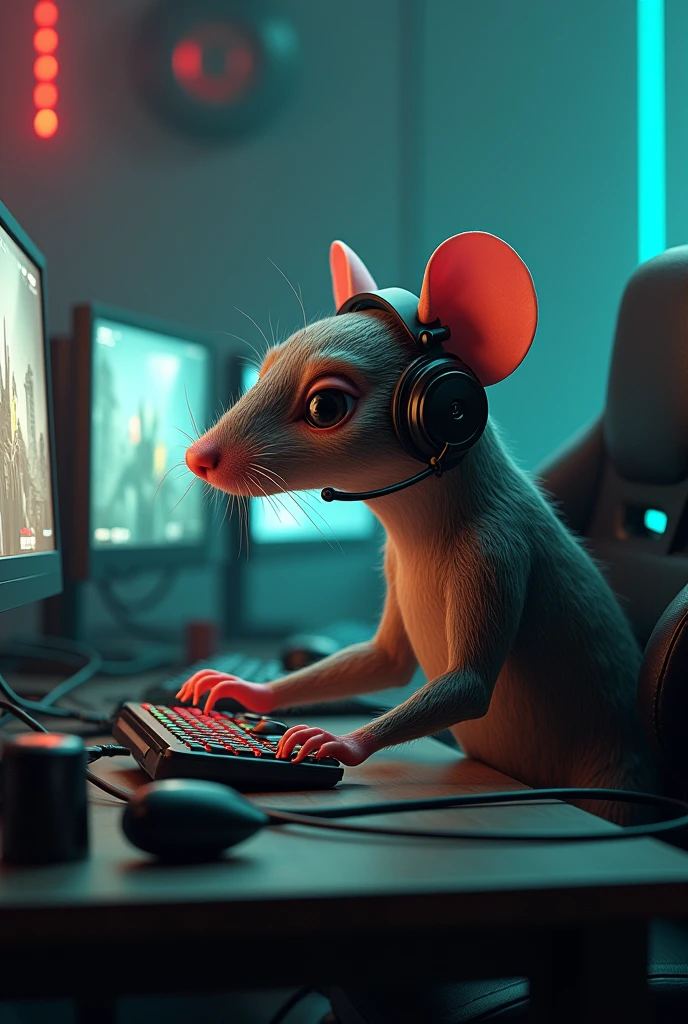 Create an image of a rat that is human with gamer headphones and a controller playing Warzone and the rat is called Santiago 