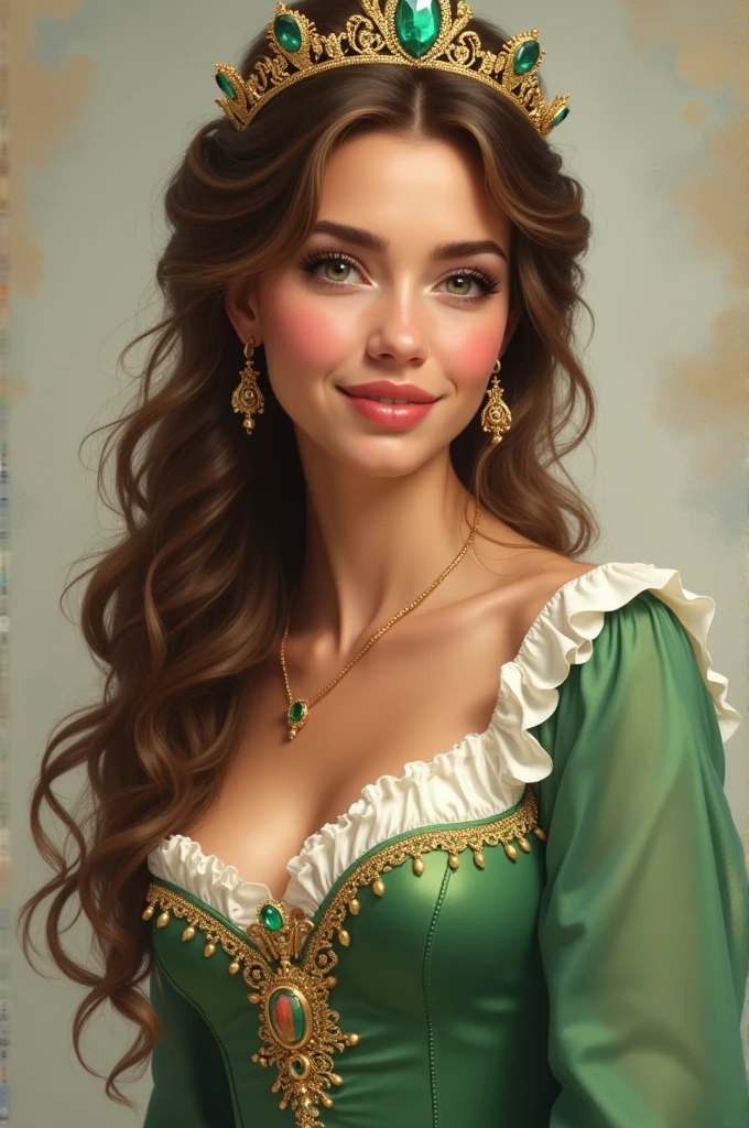 Princess Esmeralda de Laranjeiras has wavy, light brown hair, with a natural golden glow. Your green eyes, deep and serene, stand out on her clear, smooth-skinned face. with 1,68m, she has a graceful and elegant posture. Her dress, in shades of green, white and grenade, reflects the harmony of your presence, always adorned with a delicate crown of gold and emeralds.