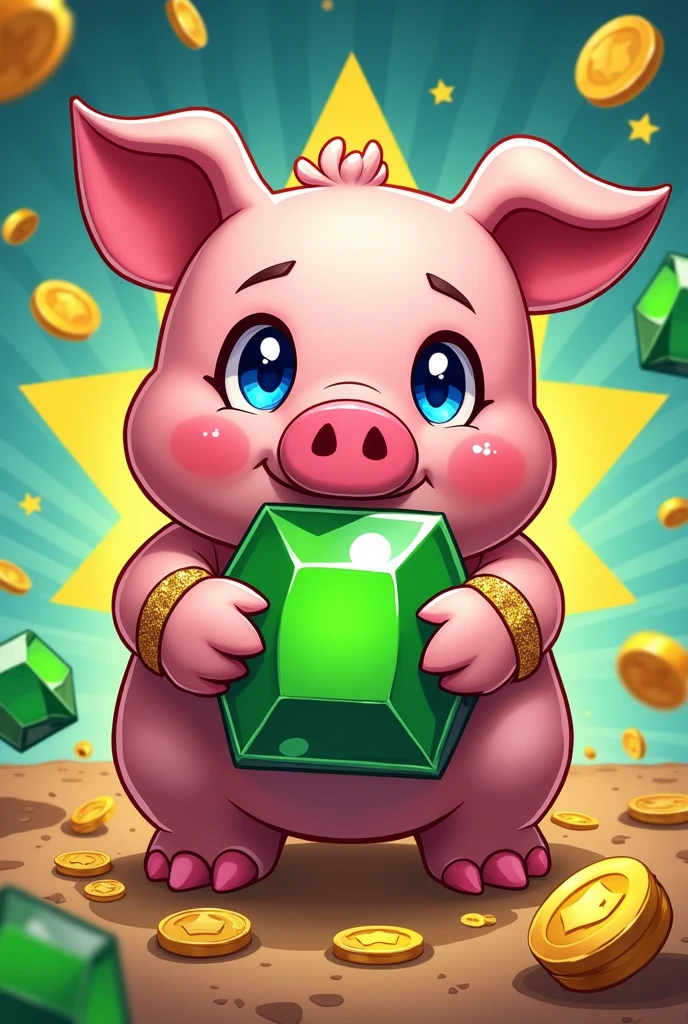 I want you to make a comic-style design of the Brawl Stars mega piggy bank like Spider-Man's: Across the Spider-Verse and put Cold Challenge and Shelly Star's new version with gems, glitter and gold, I don't want the pig, I want the mega piggy bank and the two brawlers already mentioned before, no spiders. put green game gems, gold coins and bling, also make the pig cute, Okay, but put the pig hugging a big green gem from the Brawl Stars game and make the cute pig in the style of Brawl Stars and pastel pink with blue eyes and yellow stars in the background..