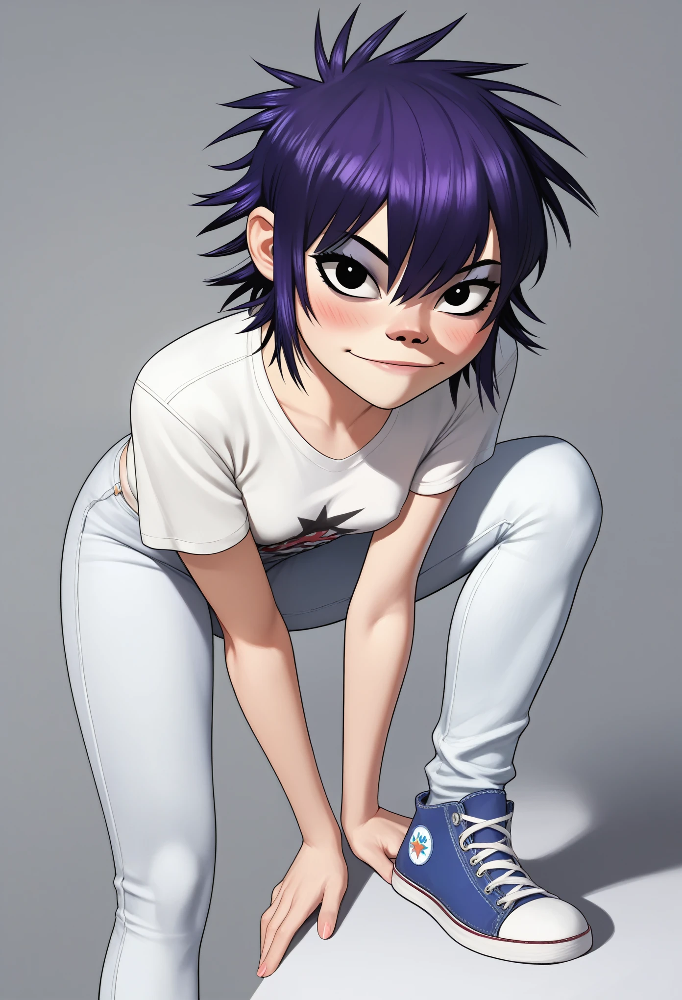 noodle (Gorillaz), masterpiece, best quality, 1girl, solo, hair between eyes, thighs, purple hair, blush, short hair, looking at the viewer, bangs, tight clothes, small breasts, sexual expression, white converse sneakers , makeup, cute, happy expression, teen body, white jeans, white t-shirt, face portrait, close to the viewer, leaning forward