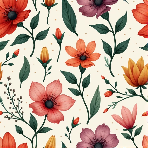 Create a seamless floral flower pattern with detailed botanical elements such leaves, and vines, using a vintage or watercolor style --tile-s750