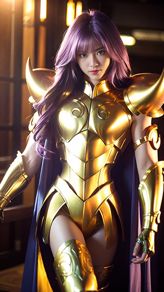 Ultra-high saturation（tmasterpiece）， fully body photo，（best qualtiy）， （1girll），purple hair,  Wearing shiny gold armor， Sexy lingerie type armor，Expose your chest，Expose the waistline，Exposing thighs，cool-pose， Saint Seiya Armor， messy  hair，high detal, Anime style, Cinematic lighting, Sparkle, god light, Ray traching, filmgrain, hyper HD, textureskin, super detailing, Anatomical correct, A high resolution，Ultra-high saturation，hight contrast，High-gloss armor，Smooth skin，An insidious sneer，realisticlying，（tmasterpiece，top Quority，best qualtiy，offcial art，Beauty and aesthetics：1.2），The is very detailed，s fractal art，Extremely colorful