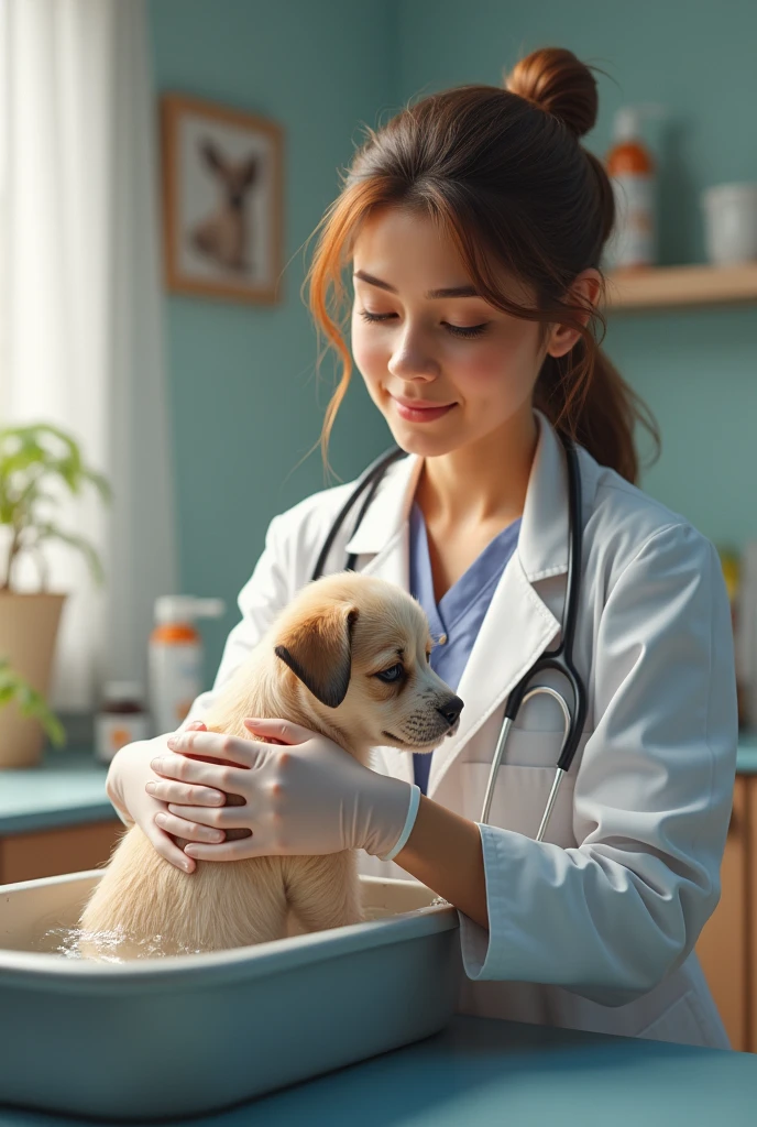 A female doctor bathing a puppy with an advertisement that medicated baths for puppies are now available