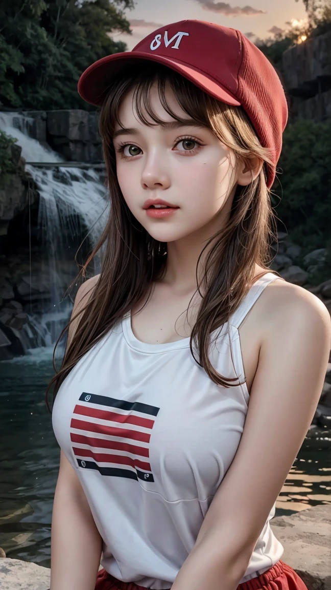Close-up of a young-looking 8--old an with a very beautiful, youthful face., Big breasts 1.2, Wear a tank top, Red Hat, At the waterfall, sunset light, cinematic scene, UHD