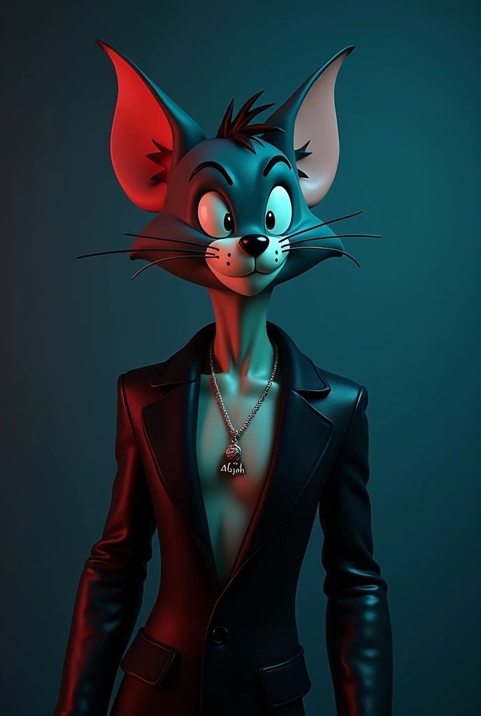 Aesthetic photo of tom from tom n jerry in cool dress with cool amd dark back ground and aliyas name embedded in chain that he is wearing