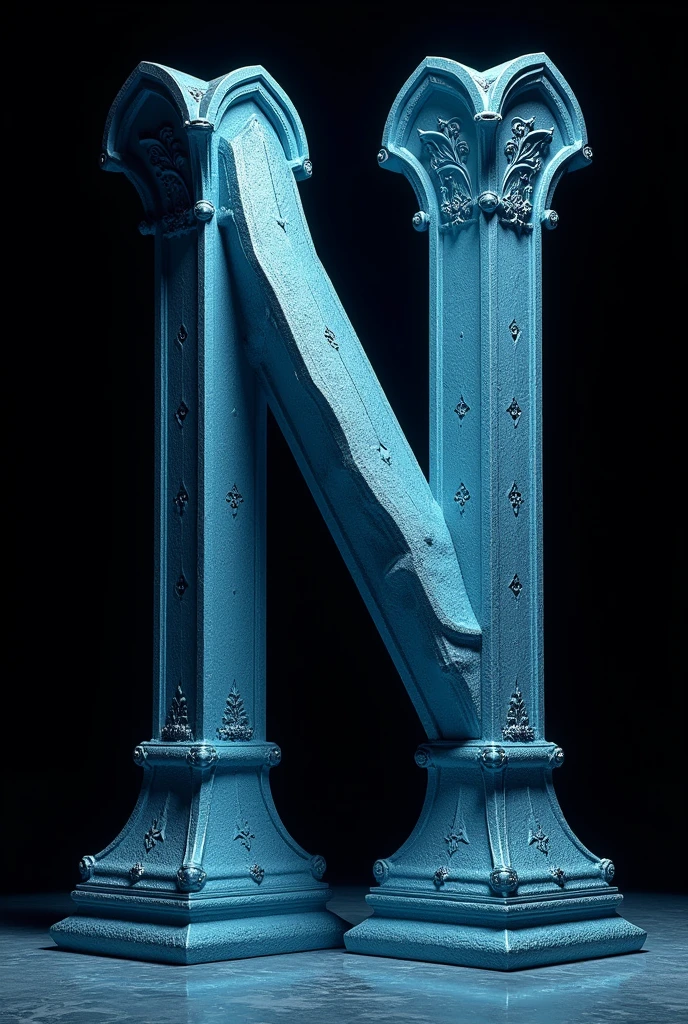 Giant Gothic Letter N, 3D, sky blue, with completely black background.
