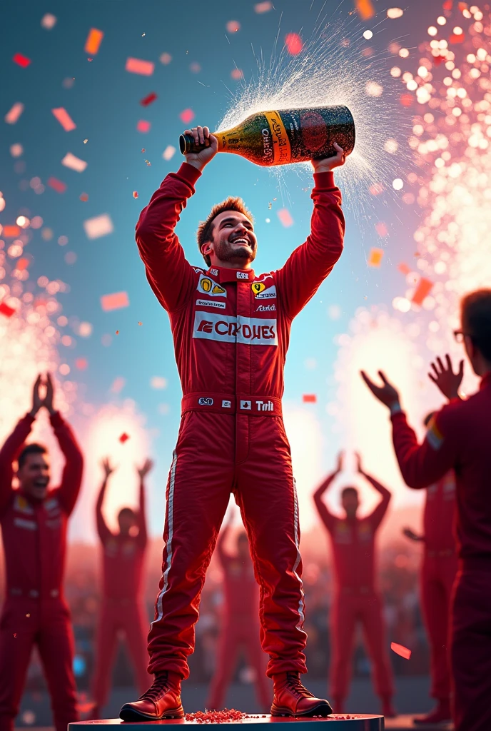 A Formula 1 driver stands victorious on the podium, drenched in champagne, with a trophy held high above their head. The scene is electric as colorful confetti rains down, and fireworks explode in the sky above. The driver’s face beams with pure elation, surrounded by their jubilant team, who are clapping and cheering. The air is filled with the sound of celebration, the roar of the crowd, and the sparkle of lights reflecting off the champagne and the trophy, capturing the ultimate moment of triumph and joy.