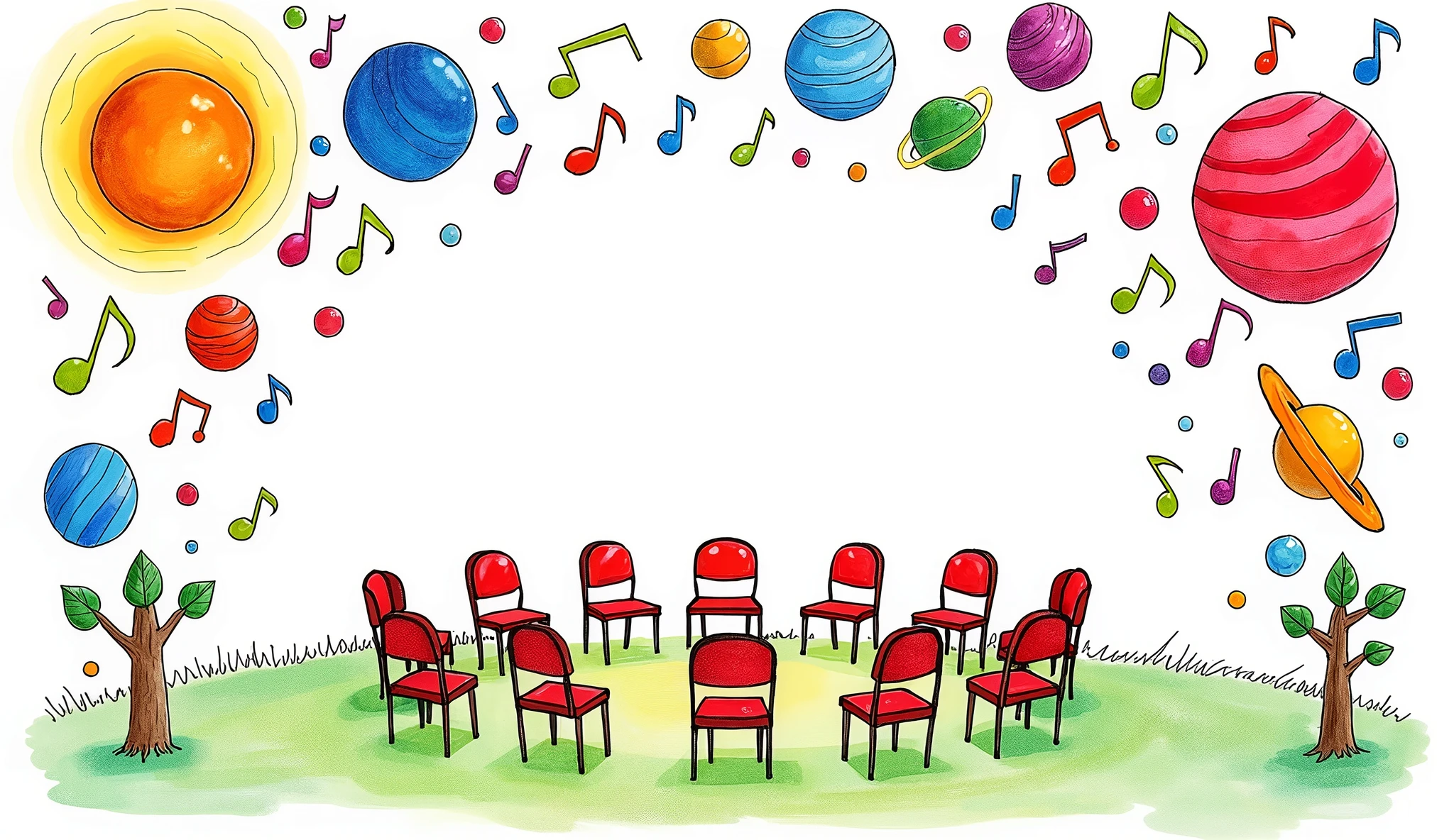 Child&#39;s drawing of a frame made of colorful notes and planets, which are arranged around a circle of chairs made up of individual, empty chairs